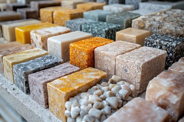 Hand Pointing at Tile Samples Display Collection for Stone and Marble Finishing Ideas in Modern Architecture and Interior Design