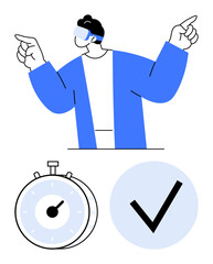 Person wearing a virtual reality headset pointing in excitement. Accompanied by a stopwatch symbolizing time and a checkmark for success. Ideal for VR, innovation, productivity, gaming, goals
