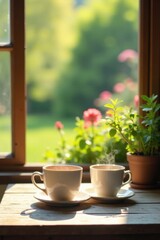 Morning Sunshine Illuminates Two Steaming Cups of Warm Beverage on Rustic Wooden Table by Window with Blooming Plants