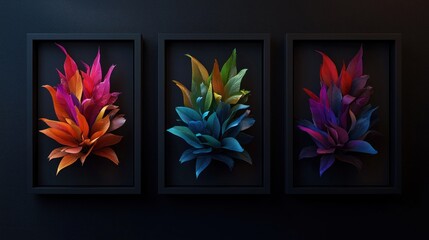 Vibrant, colorful floral artwork displayed in three frames against a dark background