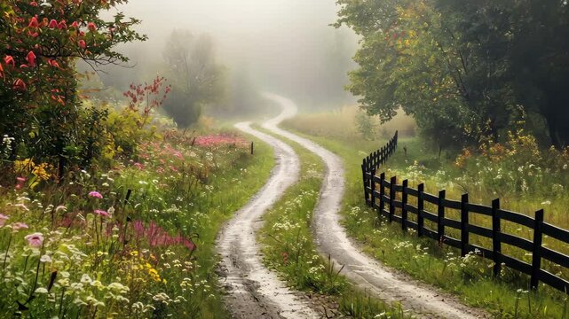 A winding country road flanked by wildflowers and black fences leading to the misty horizon, symbolizing peace of mind and harmony with nature, generative AI