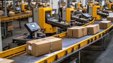 Naklejka premium Automated conveyor system transporting packaged goods in a modern distribution center