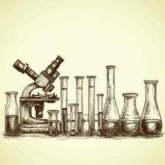 Intricate Vector Illustration of Laboratory Equipment with Microscope and Glassware: Test Tubes, Beakers, Flasks for Scientific and Educational Use