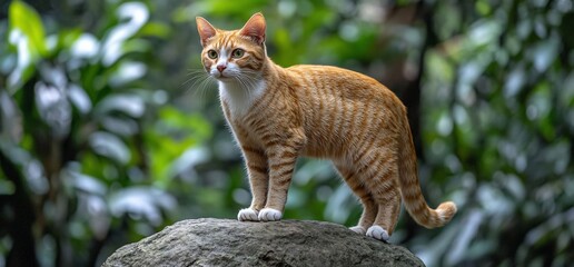 Orange tabby cat on rock, lush green background