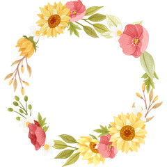 A watercolor wreath art featuring vibrant autumn dahlias and roses, ideal for seasonal decor