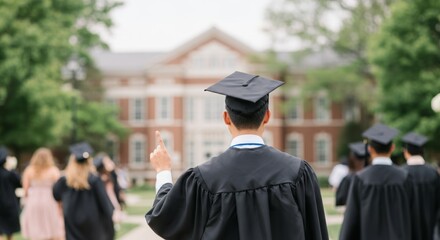 Rear view of asian male graduate in cap and gown at university ceremony