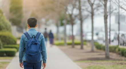 Young asian male walking through a park with backpack on a sunny day