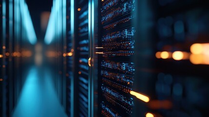 Futuristic data center showcasing rows of servers with glowing lights and cables in motion