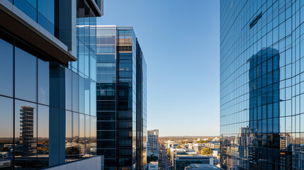 Obraz premium Modern cityscape with tall glass buildings reflecting the clear blue sky
