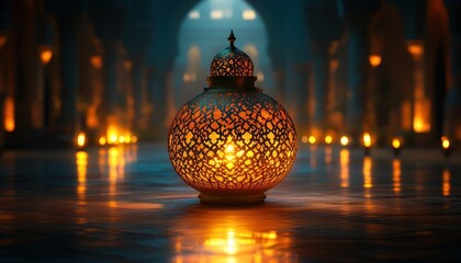 Illuminated Arabic Lantern in Dark Room with Intricate Patterns and Warm Light