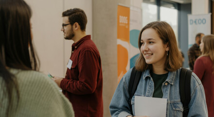 Obraz premium Caucasian young adults networking at professional event indoors