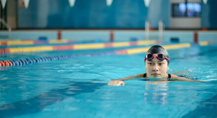 Asian young female swimmer practicing in indoor pool with goggles and cap