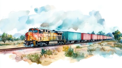 Obraz premium A vibrant watercolor illustration of a freight train traveling through an open landscape, surrounded by natural beauty and colorful shipping containers.