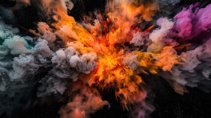 Colorful explosion of smoke and dust against a dark background, creating a dramatic visual effect