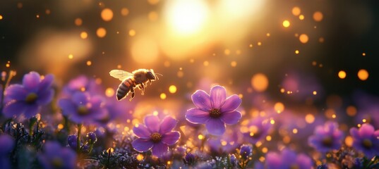 A Honeybee Collecting Pollen in a Vibrant Flower Field at Sunrise with Sparkling Light and Soft Bokeh Effects