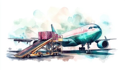 Fototapeta premium A vibrant watercolor illustration of an airplane loaded with cargo, showcasing the dynamics of air transport and logistics.