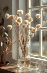 Minimalist dried grasses in clear glass vase soft light neutral tones