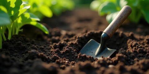 A small garden trowel rests gently in rich dark soil amongst vibrant green seedlings, signifying the promise of growth and cultivation.