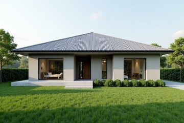 Fototapeta premium Modern Ranch Style Home with Expansive Windows and Lush Green Lawn