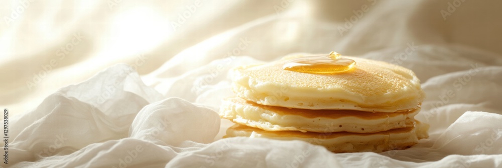 Poster delicious stack of fluffy pancakes drizzled with golden syrup on soft fabric background. generative 