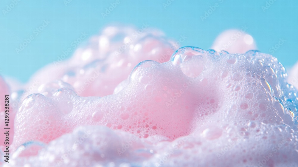 Fototapete bubbles forming in soft pink foam against a subtle blue background during a playful bath experience.
