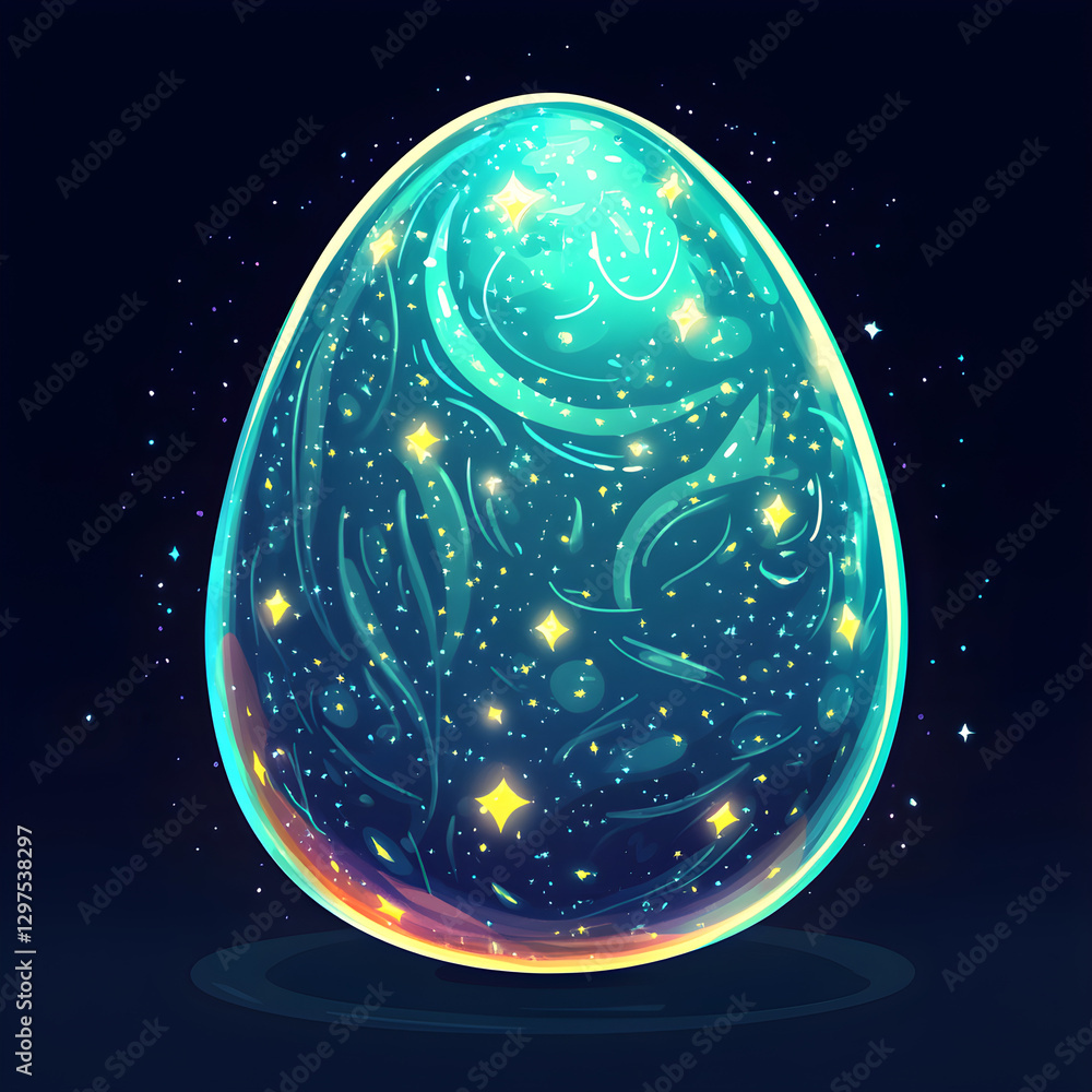 Poster luminescent egg with a starry pattern and glowing edges