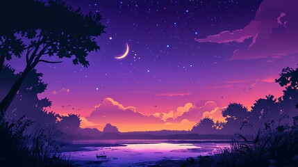 A tranquil lake reflects the moon and stars in the twilight sky