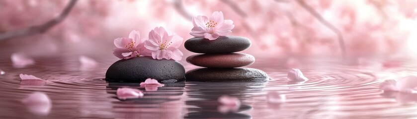 ** Tranquil Zen Garden with Balancing Stones and Cherry Blossoms Reflecting in Calm Water..**