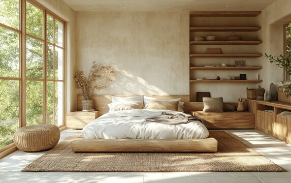 Cozy Minimalist Scandinavian Bedroom Interior with Natural Light and Wooden Furniture - Powered by Adobe