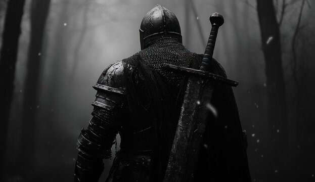 enigmatic knight clad in dark armor stands guard within a snow dusted forest landscape view