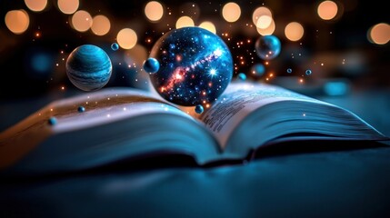 Open book with floating planets and cosmic elements against a blurred background of lights