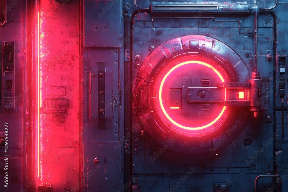 Poster futuristic digital door lock mechanism with touch screen keypad and neon lighting for modern buildin