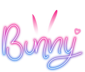 Easter bunny rabbit ear decoration with text, digital line art in colorful neon light effect, PNG file no background