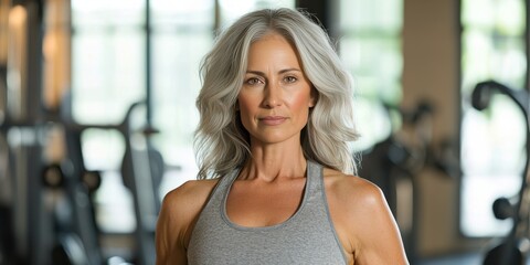 Obraz premium Portrait of smiling Middle aged woman working out gym fitness healthy lifestyle gym fitness for seniors, healthy aging, active lifestyle