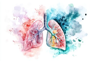 An artistic representation of human lungs in vibrant watercolor, showcasing intricate details and color blends in a creative and educational style.