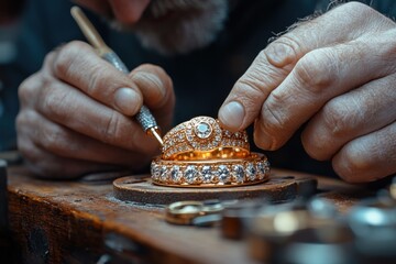Close up of goldsmith crafting gold ring with diamond using tools in workshop
