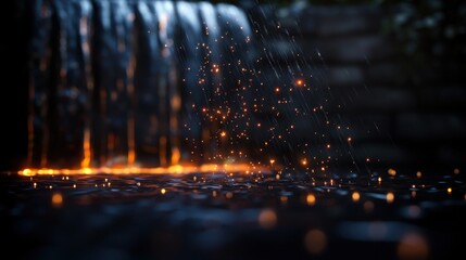 Enchanting waterfall with shimmering lights and gentle rain, creating a serene atmosphere