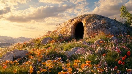 Resurrection Stone Spring Meadow with Ancient Tomb at Sunset