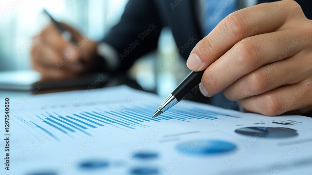 Poster close up of person analyzing financial data with pen and graphs at a desk