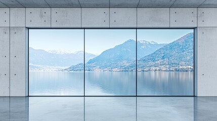 Modern Minimalist Room with Panoramic Lake and Mountain View
