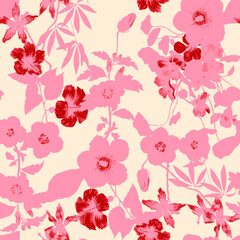 Tropical pattern, floral, leaves. Digital print in Repeat (rapport), Resolution 300 DPI, ideal for fashion, decoration and stationery.