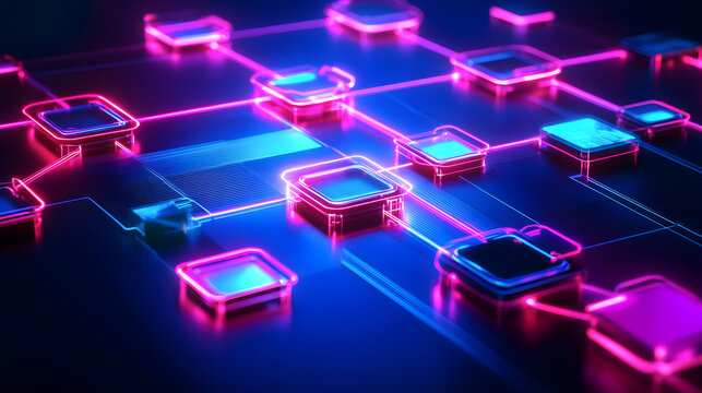 network with blocks of data connected by neon blockchain links 