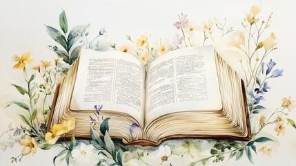 Open Book Surrounded by Watercolor Flowers