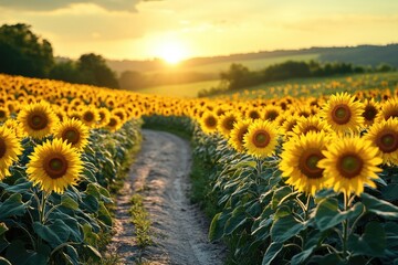 Fototapeta premium Sunflowers at Sunset: Golden Hour in a Blooming Field