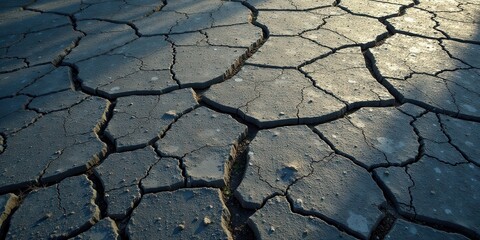Arid landscape showcasing a network of deep fissures in sun-baked earth, a testament to prolonged drought conditions and the fragility of ecosystems