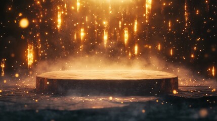 Mystical Wooden Platform with Golden Sparks and Smoke