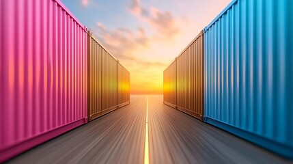 Fototapeta premium Sunset reflection between colorful shipping containers dockyard photography urban low angle industrial aesthetics
