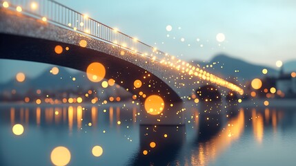 Illuminated bridge reflection over water urban evening digital art calm environment wide angle serenity concept