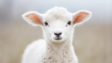 Cute lamb in pasture, spring background, farm animal