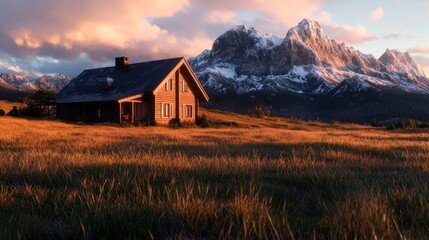 Obraz premium Serene mountain landscape featuring a rustic cabin at sunset with vibrant grass foreground
